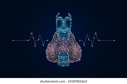 Elektronische Schilddrüse und zwischen den Verbindungsleitungen glühende Pulswellen. Chip-Datenschaltungscode für ein menschliches Organ. Medizinische Wissenschaft der Technologie futuristische digitale innovative Gesundheitsversorgung. Vektor EPS10