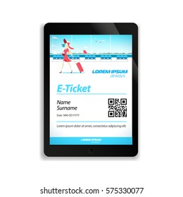 Electronic ticket for the flight on the screen of the tablet pc