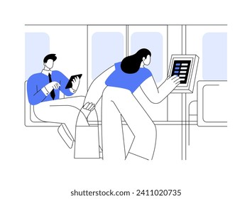 Electronic timetable abstract concept vector illustration. City bus passengers examines real-time instant info at dynamic display, battery powered timetable, public transport abstract metaphor.