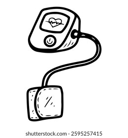 Electronic tonometer. Hand drawn doodle. Blood pressure measuring device. Cardiovascular system diagnostics. Doctor's medical instrument. Hospital equipment. Vector outline art illustration.