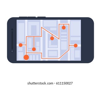 Electronic tourist map on a mobile phone. Vector illustration