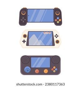 Electronic toy digital gamepad console, joypad game accessories isolated set on white background