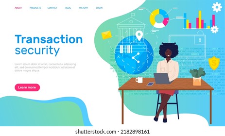 Seguridad electrónica de las transacciones, transferencia segura de dinero. Operación bancaria con fondos e inversiones, dinero de internet. Mujer trabajando con un programa bancario mundial. Plantilla de sitio web de negocios
