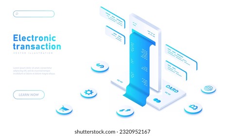 Concepto de banner blanco para transacciones electrónicas. Aplicación bancaria, transferencias financieras y pagos. Ewallet y comercio. Compras en línea y operaciones en internet. Ilustración vectorial plana
