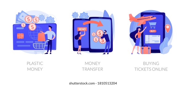 Electronic transactions abstract concept vector illustration set. Plastic money, money transfer, buying tickets online, credit and debit card, online cashback service, shopping abstract metaphor.