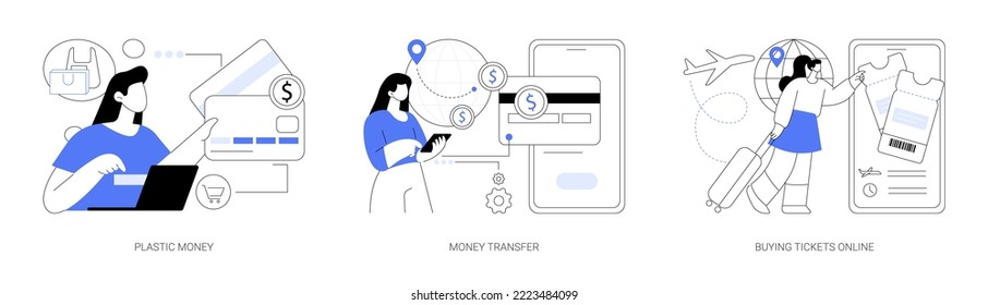 Electronic transactions abstract concept vector illustration set. Plastic money, money transfer, buying tickets online, credit and debit card, online cashback service, shopping abstract metaphor.