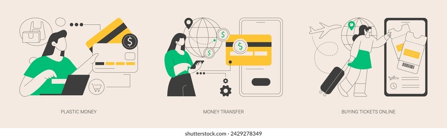 Conjunto de ilustración vectorial de concepto abstracto de transacciones electrónicas. Dinero plástico, transferencia de dinero, compra de billetes en línea, tarjeta de crédito y débito, servicio de reembolso en línea, metáfora abstracta de compras.