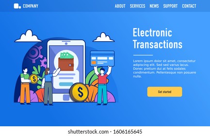 Electronic transactions, e-wallet concept. Small people stand near big smartphone, credit card, coins. Modern design vector illustration. Web landing page template
