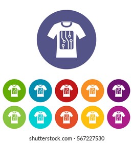 Electronic t-shirt set icons in different colors isolated on white background