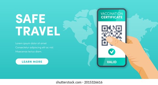 Electronic valid Covid-19 Vaccination certificate QR code on smartphone screen vector concept. Green immunity passport on mobile phone. Health pass app for safe travel.