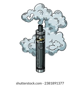 Electronic vape cigarette engraving sketch hand drawn color vector illustration. Scratch board style imitation. Hand drawn image.