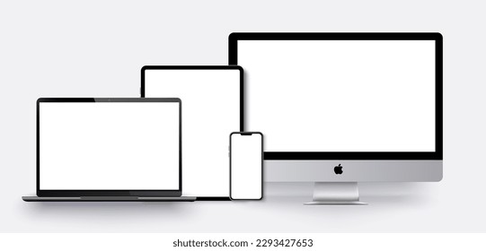 Electronic vector model Modern technology smartphones tablets computers and notebooks smart phone computer mac computer tablet phone tablet laptop. Vector illustration. BELARUS MINSK APRIL 25 2023