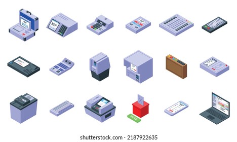Electronic voiting icons set isometric vector. Phone vote. Digital checkmark
