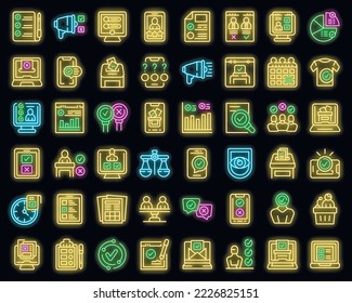 Los iconos de voz electrónicos establecen el vector de contorno. Vota por teléfono. Color del neón de las elecciones digitales en negro