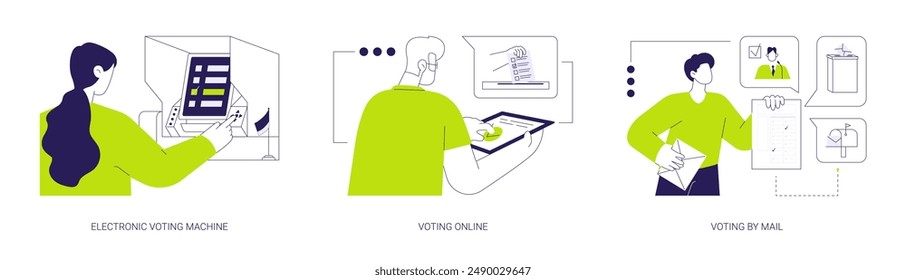 Electronic voting abstract concept vector illustration set. Citizen using electronic voting machine, online election, mail-in ballots, elective government, post office, democracy abstract metaphor.