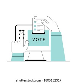 Electronic voting concept. Online electronic poll. Flat vector illustration with laptop screen, voting box and voter hands and putting papper vote.  Electronic voting system for election, government 