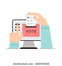 Electronic voting concept. Online electronic poll. Flat vector illustration with laptop screen, voting box and voter hands and putting papper vote.  Electronic voting system for election, government 