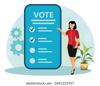Electronic voting concept. Woman with smartphone to vote electronically. Lady voting on mobile phone.  App for mobile electronic voting.