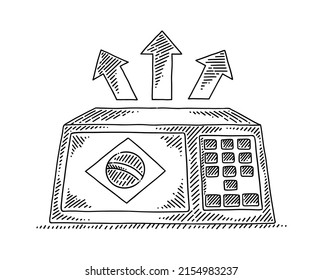 Electronic voting machine in Brazil with arrows ont top and the flag of Brazil in front of