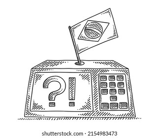 Electronic voting machine in Brazil with the flag of Brazil on top with question mark in front of
