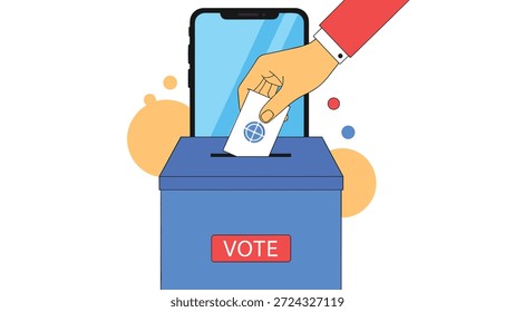 El Electrónica proceso de votación se ilustra con una mano que arroja una boleta de papel en una caja azul segura frente a un Grande teléfono inteligente.