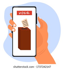 Electronic Voting, Remote Voting Through The Government Services Application. Online Elections. Vector Flat Illustration With A Smartphone In The Hand Of A Girl Who Puts Her Vote In Election Box 