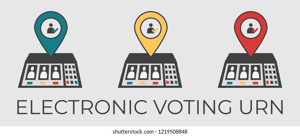 Electronic voting urn vector flat illustration. Digital elections machine with candidate silhouette  and check tick mark sign. 