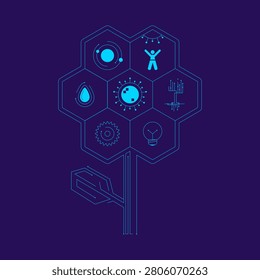 Electronic Walkways in the Form of a Honeycomb Flower. Harmony in Balance and Growth to Knowledge, Technology, and Science. Vector Illustration.