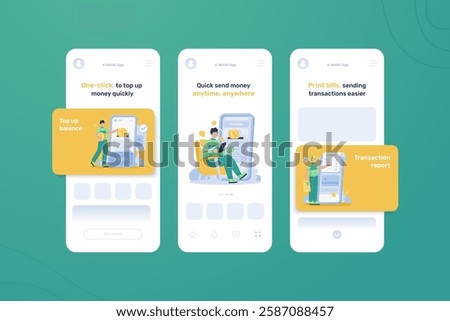 Electronic wallet app with illustration set of top up balance, transfer money and print bill transaction report on onboarding screen, Mobile ui template for digital money app, Vector design