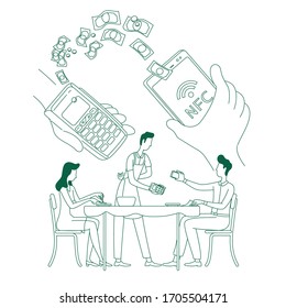 Electronic wallet benefit, e-payment thin line concept vector illustration. Person paying bill with mobile phone 2D cartoon character for web design. NFC, cashless transaction creative idea