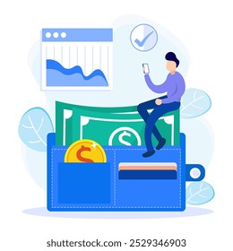 Ilustração de vetor de conceito de carteira eletrônica. Economize dinheiro digitalmente, pagamentos e renda. Sistema bancário moderno para compras