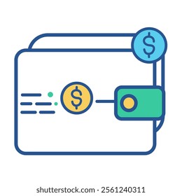 Electronic wallet icon. cash, electronic money, currency, business, investment, online banking. Parallel vector icon, colorful style on white background