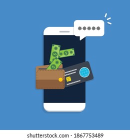 Billetera electrónica en teléfono móvil, pantalla de teléfono móvil con billetera digital de dinero y tarjeta de crédito para banca por internet, transferencia de dinero móvil, dinero en internet por smartphone.
