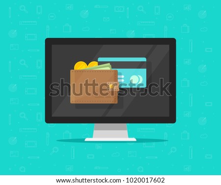 Electronic wallet on computer vector illustration icon, flat cartoon design desktop pc screen with digital wallet and credit card, internet banking concept, wireless money transfer, internet cash