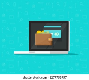 Electronic wallet on laptop computer vector icon, flat pc screen with digital money wallet and credit card, internet banking concept, wireless money transfer, internet cash 3d