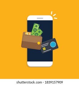 Cartera electrónica en un icono del smartphone. Teléfono móvil con billetera digital de dinero y tarjeta de crédito para banca por internet, transferencia inalámbrica de dinero.