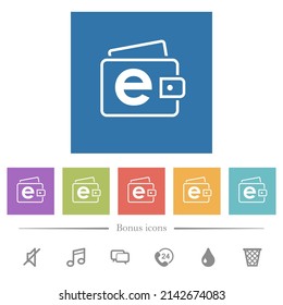 Electronic wallet outline flat white icons in square backgrounds. 6 bonus icons included.