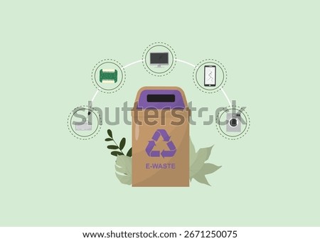Electronic Waste Categories with Recycling Bin. e-waste recycling bin with icons showing different electronic device categories for proper waste sorting. E Waste Trash Bin. Flat. Vector illustration