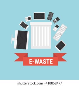 Electronic Waste In Gray Recycling Bin With Discarded Electrical And Electronic Devices Such As Computer Monitor, Cell Phone, Radio, Television, Video Camera, Keyboard And Mouse. E-waste Concept.