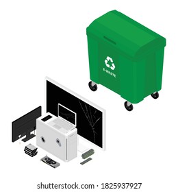 Electronic waste in green recycling can, bin with electrical and electronic devices. Recycling garbage separation. Sorted electronic garbage vector icon. E-waste