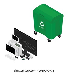 Electronic waste in green recycling can, bin with electrical and electronic devices.Sorted electronic garbage vector icon. E-waste