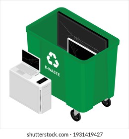 Electronic waste in green recycling can, bin with electrical devices. Recycling garbage separation and recycled isolated on white background. Sorted electronic garbage vector icon. E-waste