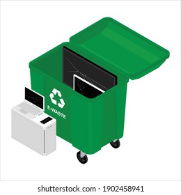 Electronic waste in green recycling garbage container can. Recycling garbage separation. Sorted electronic garbage vector icon. E-waste