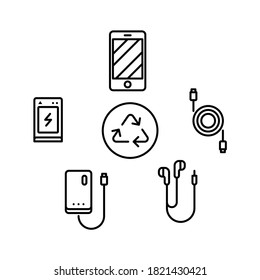 Electronic Waste Icon. Mobile, USB Charger, Battery, Power Bank, Earphone With Recycle Sign. Line Vector. Isolate On White Background.