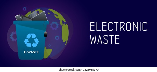 Electronic waste management horizontal banner concept - waste recycle container bin with old electronic equipment - laptop, phone, keyboard, computer. Header and footer banner template with text.