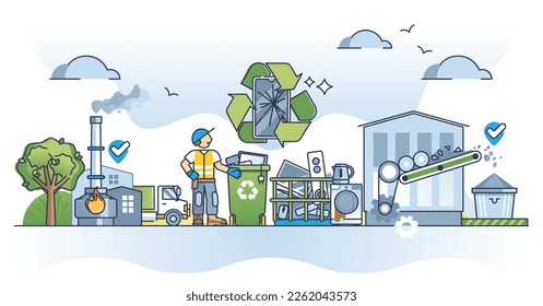 Gestión electrónica de residuos para aparatos usados y concepto de esquema de basura. Antiguos teléfonos móviles, dispositivos de cocina, computadoras y tecnología basura eliminación ecológica y reciclado de ilustraciones vectoriales