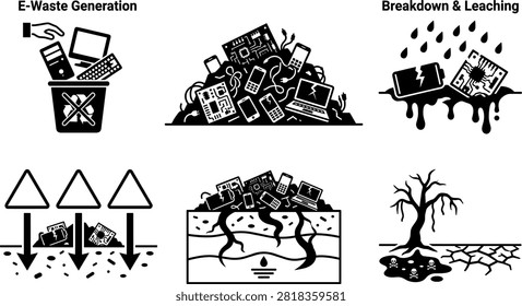 Electronic Waste Pollution and Toxic Leaching Process Vector Infographic Elements Set Featuring Computer Dump Landfill Soil Contamination and Arid Ecological Destruction.eps