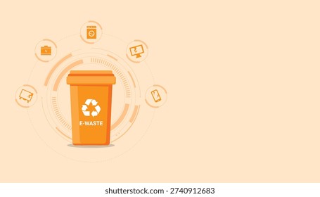 Electronic waste recycling bin with device icons, sustainable e waste management and environmental responsibility.