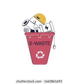 Elektronischer Abfall im Recyclingfach. Elektrische und elektronische Geräte verworfen. E-Müll-Konzept. Illustration zur Vektorillustration von Flachlinien-Kunstwerken