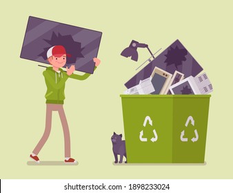 Electronic waste recycling, reuse and reprocessing of electrical equipment. Young man carrying broken monitor to through into a bin with recycle green symbol. Vector flat style cartoon illustration